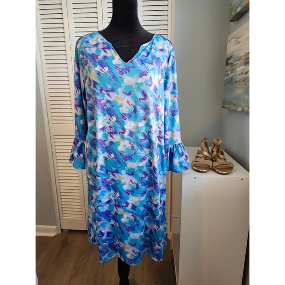 Caribbean Joe Blue Ruffle Sleeve Dress Small Relaxed fit Resort Boho Stretch - Picture 1 of 5